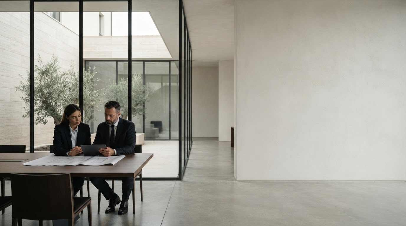Cautelanza — interno architettonico minimale con linee pulite a rappresentare stabilità e controllo del rischio finanziario